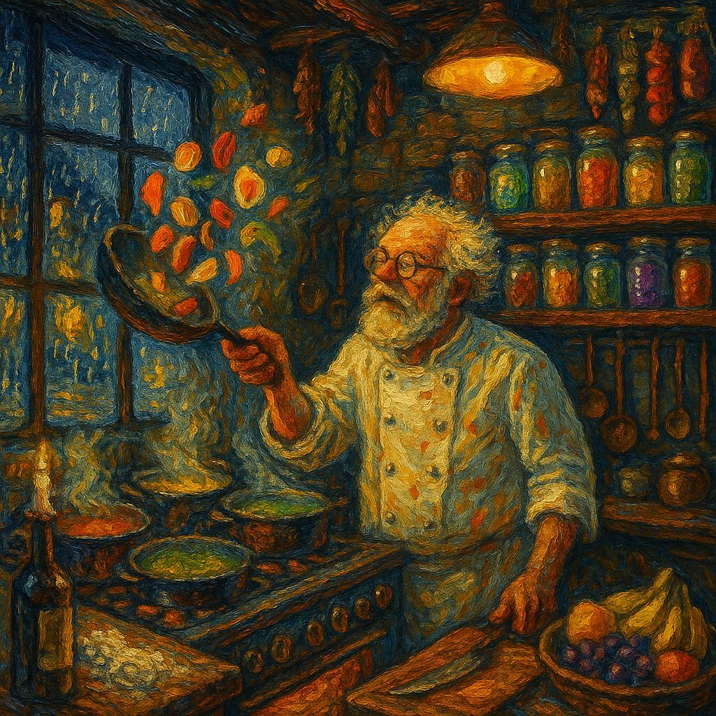 Impasto Painting of Chef in Kitchen-Lab on Rainy Night