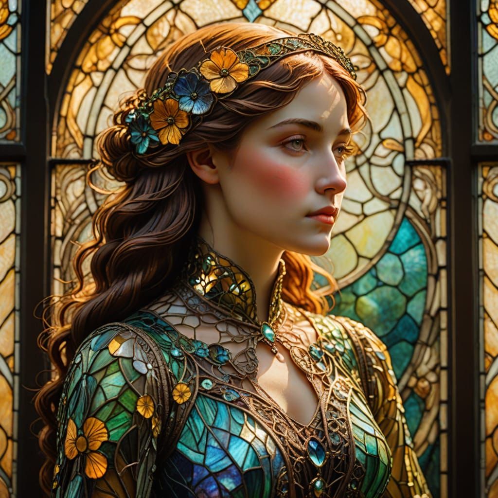 Art Nouveau Stained Glass Woman in Golden Light