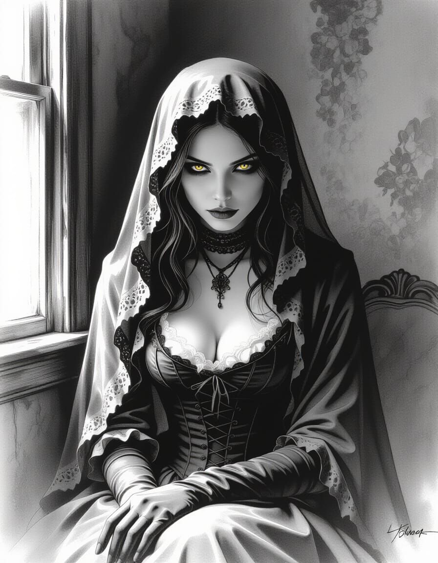 Mysterious Woman in Charcoal Drawing Style