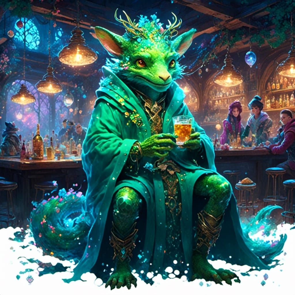 Blue Kobold in Tavern: Holographic Cosmic Illustration