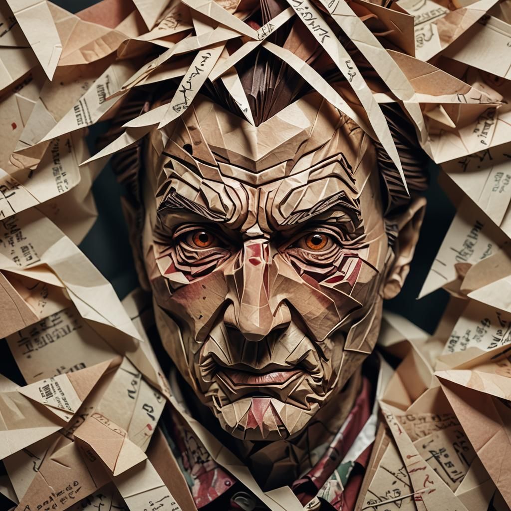 Detailed Origami Portrait of a Menacing Face