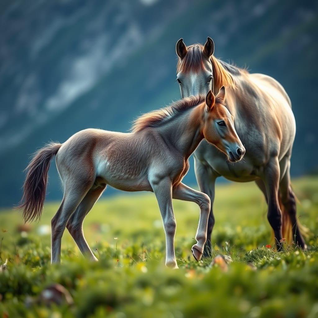 Grey Foal and Mother Horse in Majestic Mountain Landscape