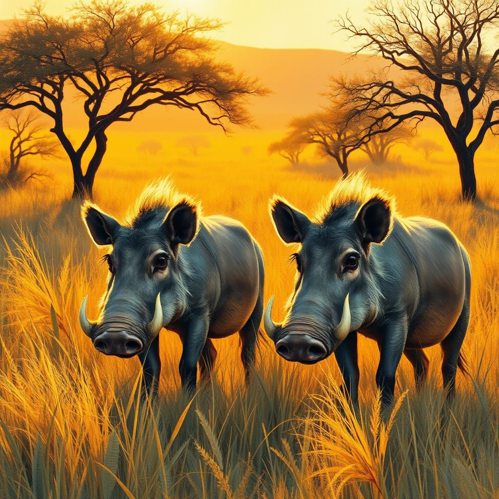 Warthogs in Savannah as Gouache Painting