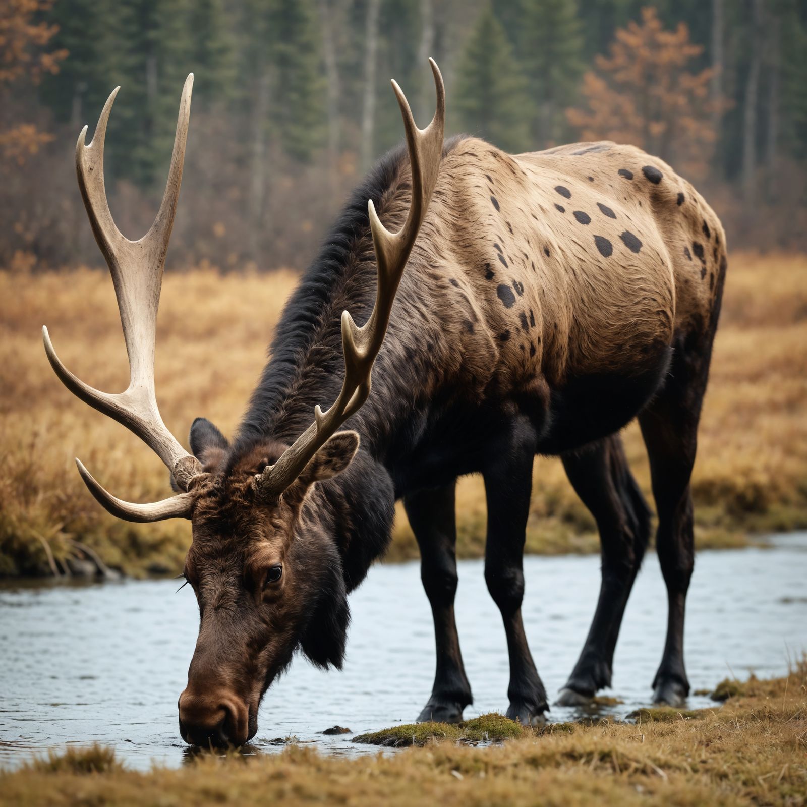 A cross hybrid animal of a moose, boar, and deer, with black...