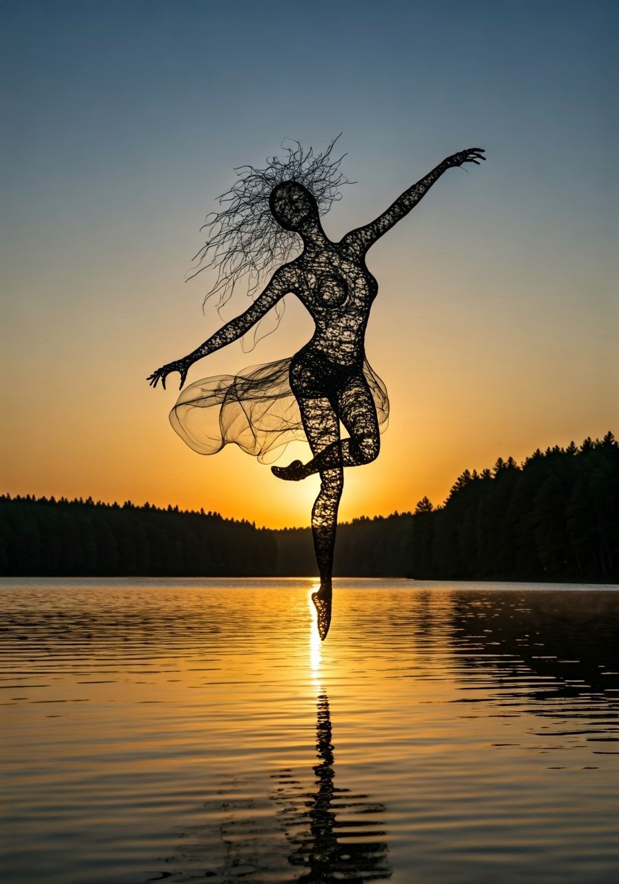 Ethereal Mist Creature Wire Sculpture Dancing at Sunrise