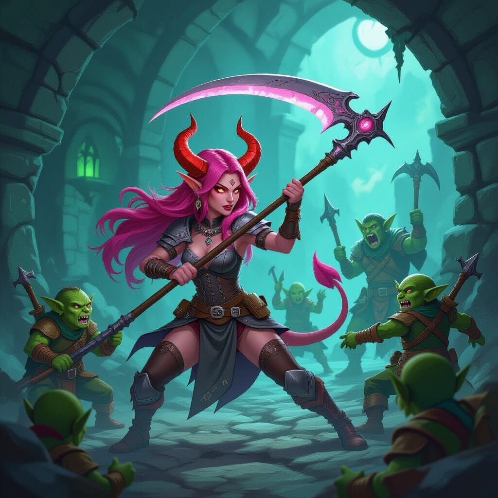 Half-Demon Woman Fights Goblins in D&D Dungeon