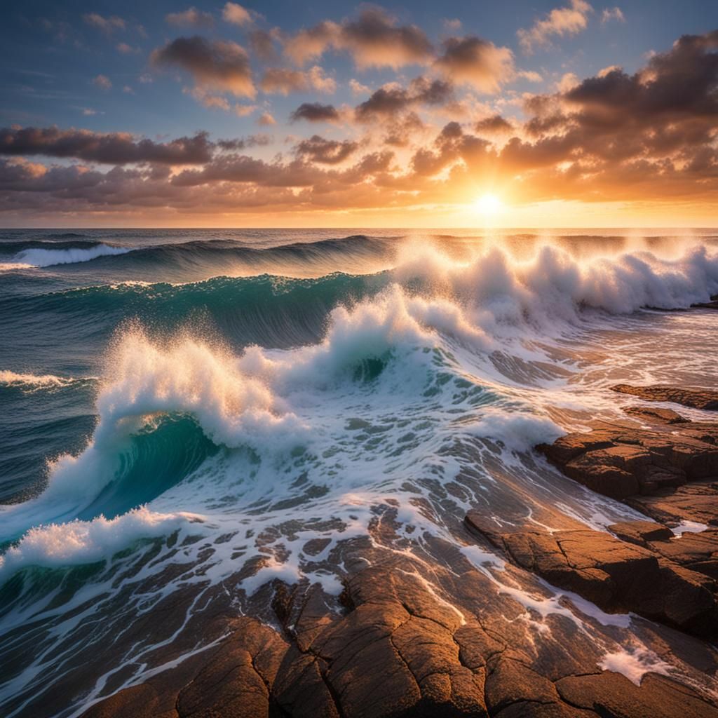 Waves Crashing on Reef at Sunrise
