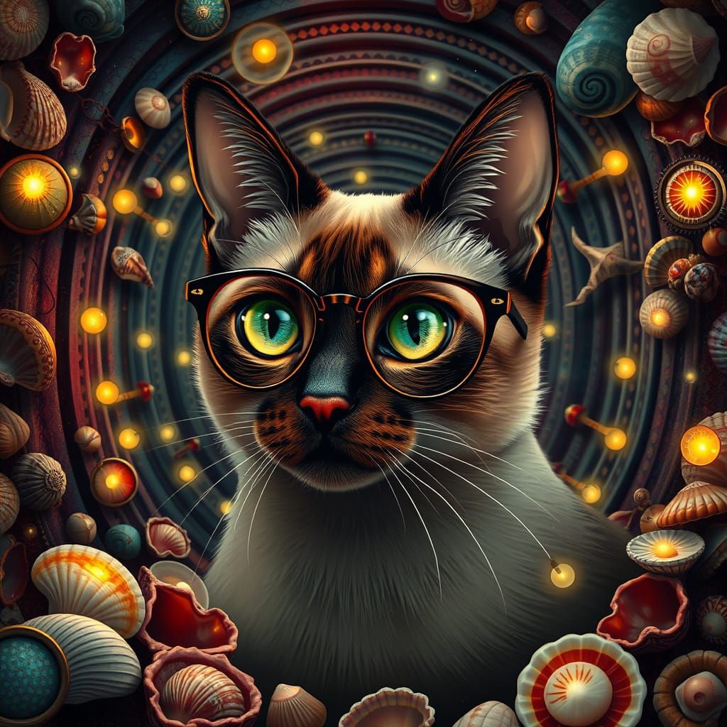 Steampunk Siamese Cat Amidst Whimsical Labyrinth Maze