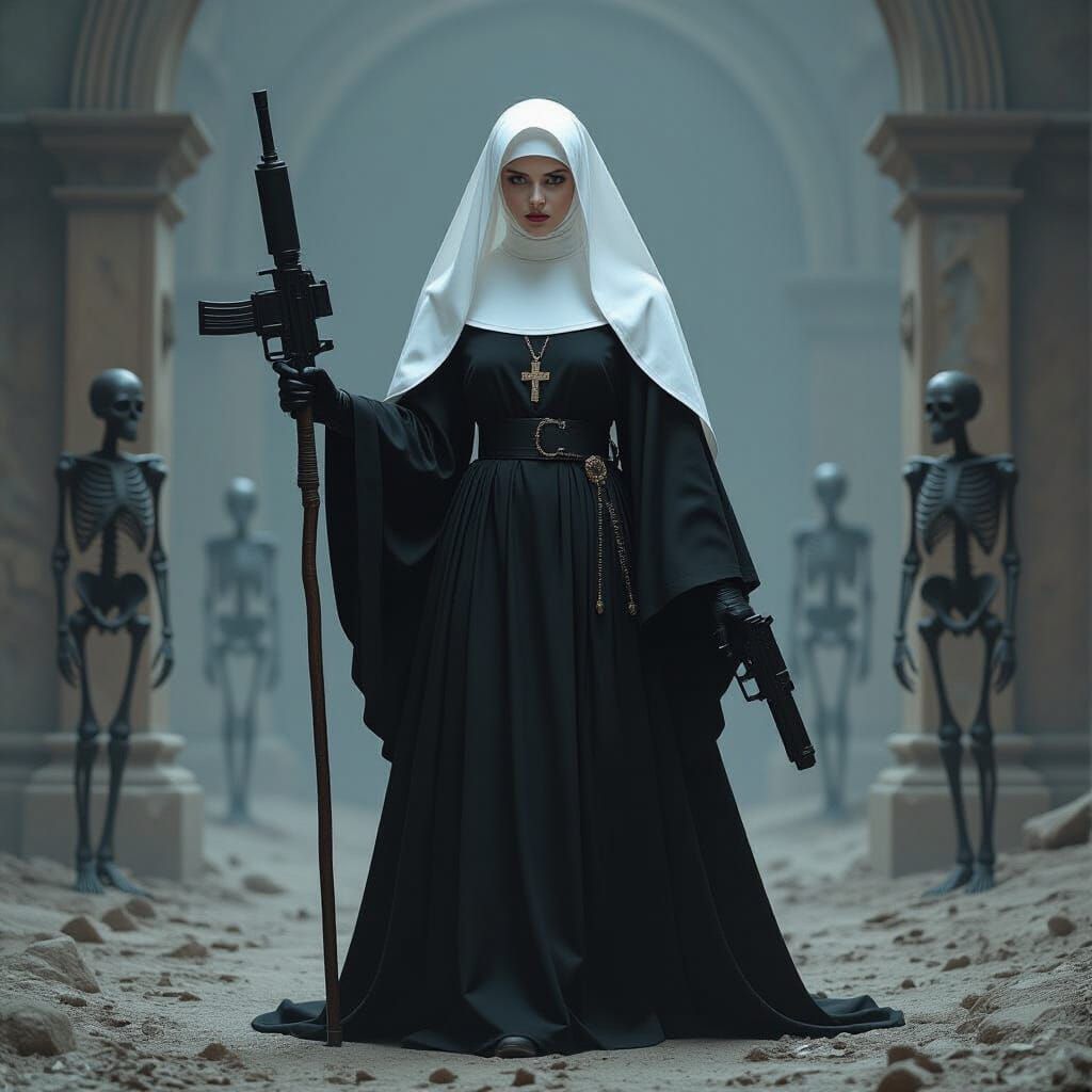 Gothic Nun with Gun in Ominous Landscape