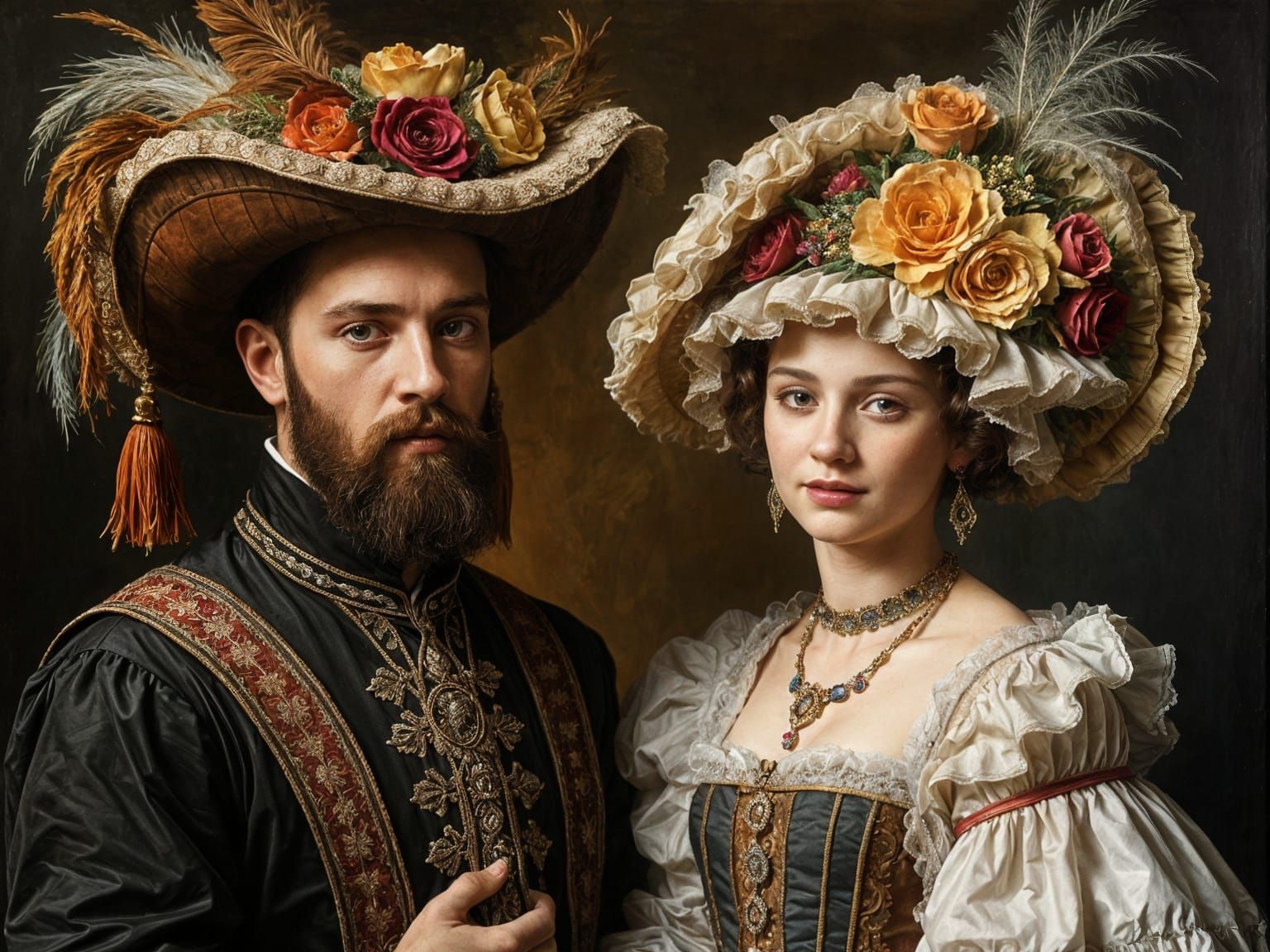 People in Elaborate Hats as Impasto Oil Painting