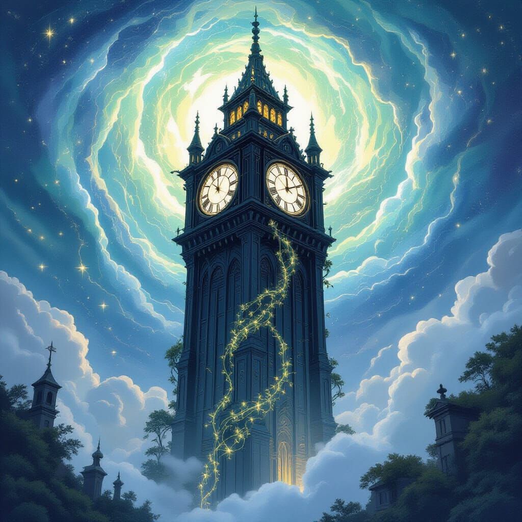 Obsidian Clock Tower in Nebula, Classic Picture Book Style