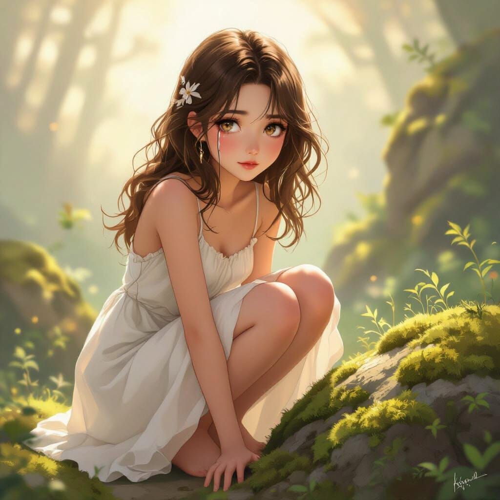 Ethereal Girl Beside Mossy Rock, Dreamlike Art