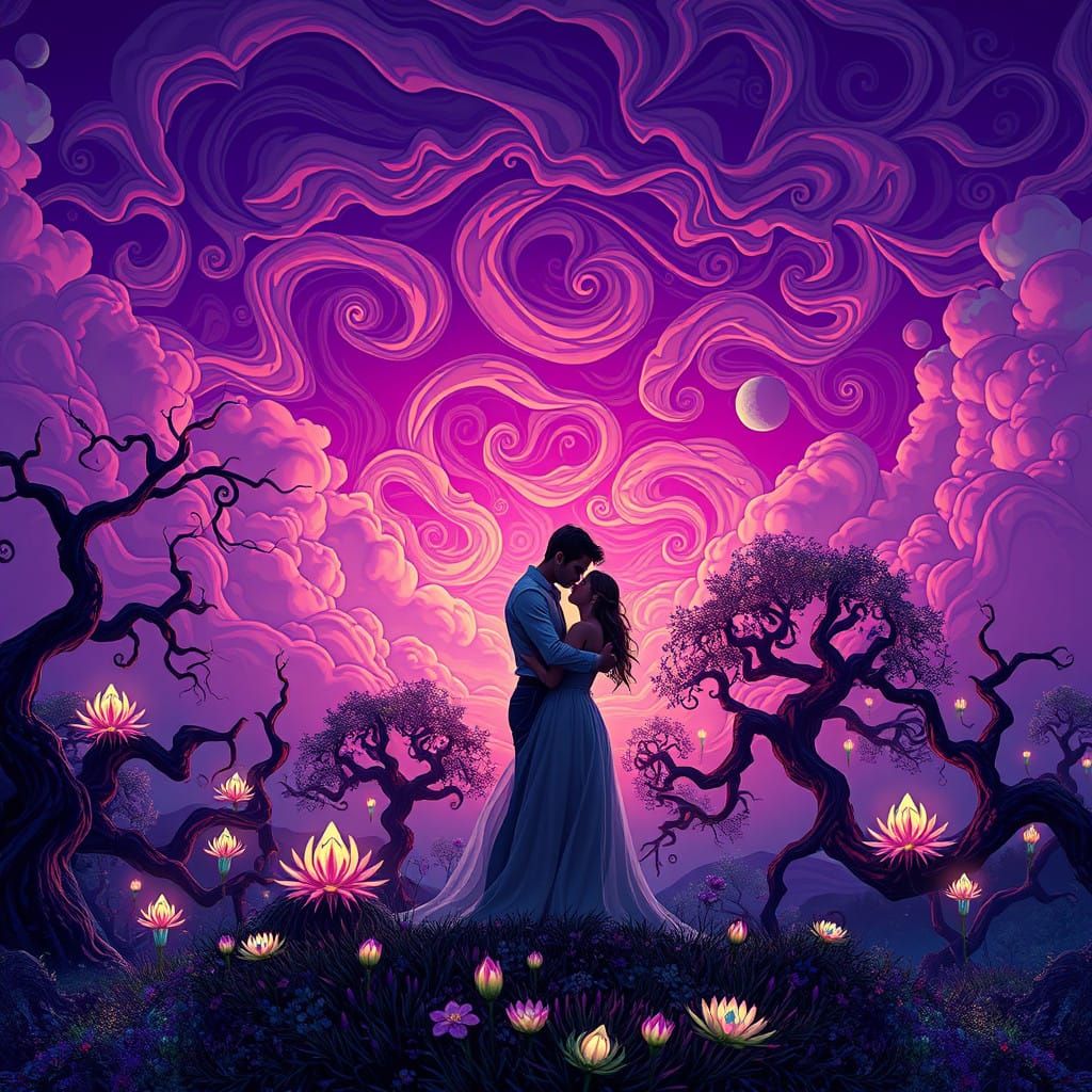 Dreamlike Couple Embracing Amidst Twisted Trees and Glowing...