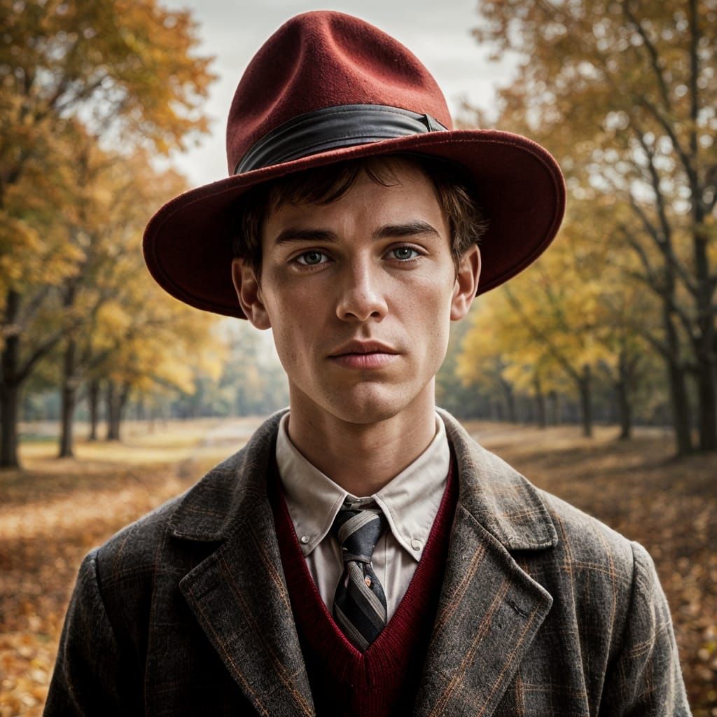 Hunting Hat Worn Young Man Contemplates in Autumn Landscape