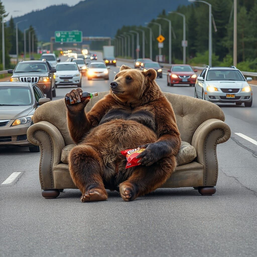 Grizzly Bear Lounges on Sofa Mid-Road, Eating Chips