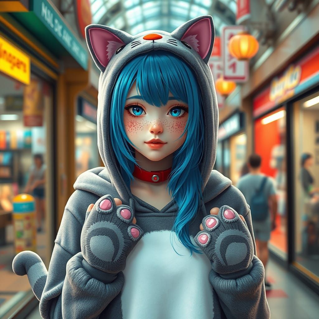 Charming Girl Posing in Vibrant Shopping Centre in a Whimsic...