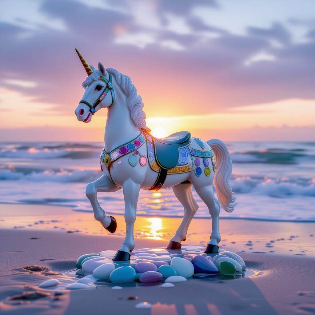 Sea Glass Carousel Horse on Misty Dawn Beach