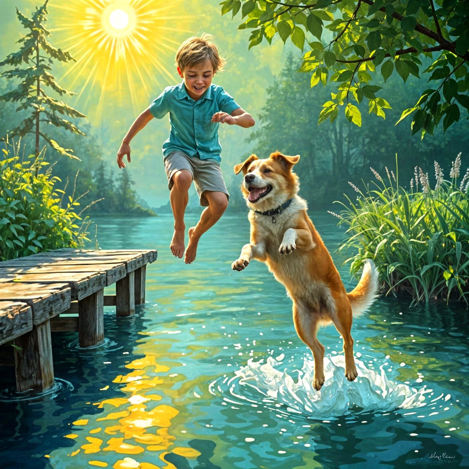 Joyful Leap into Serene Lake Waters