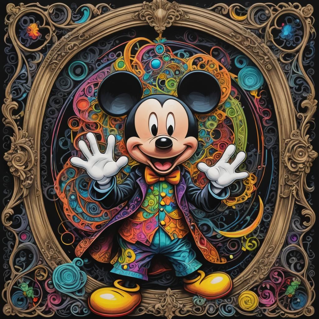 Neon Mickey Mouse in Surreal Crayon Art Nouveau Style