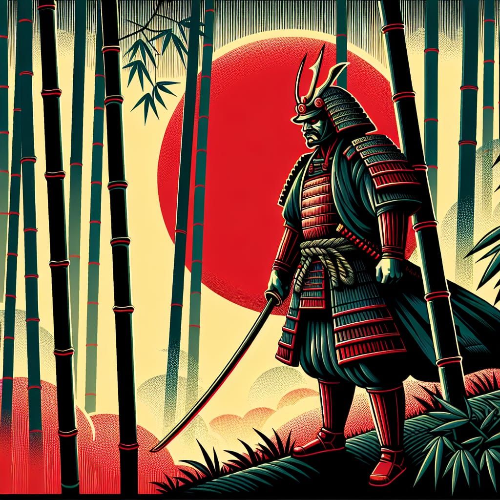 Heroic Samurai Amidst Bamboo Forest Under Rising Red Sun