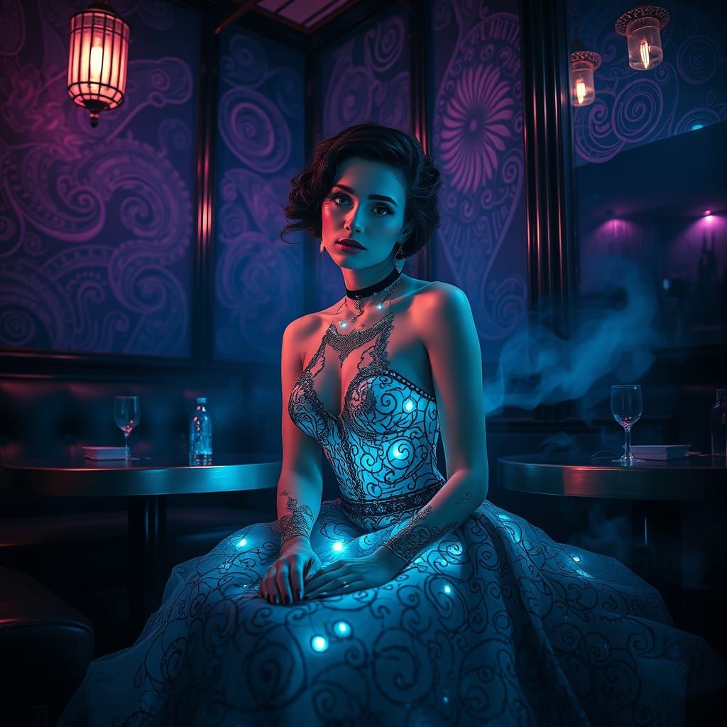 Glamorous Woman in Mysterious Night Cafe