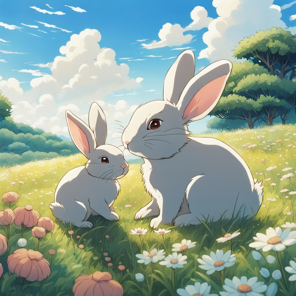 Bunny Family in Field: Studio Ghibli Anime