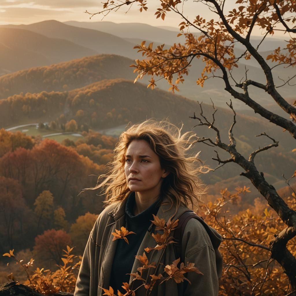 Woman on Ridge at Sunset in Autumn