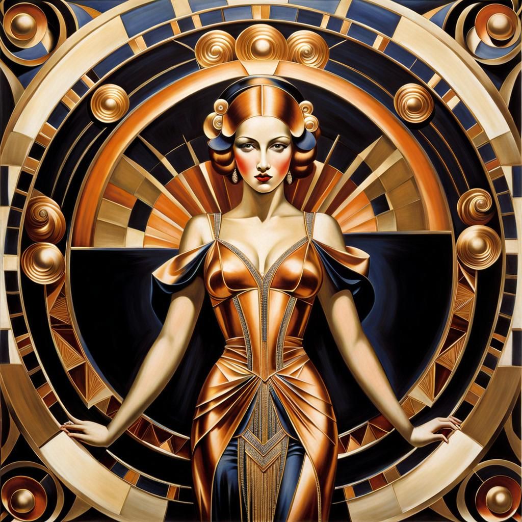 Golden Art Deco Cityscape with Intricate Borders