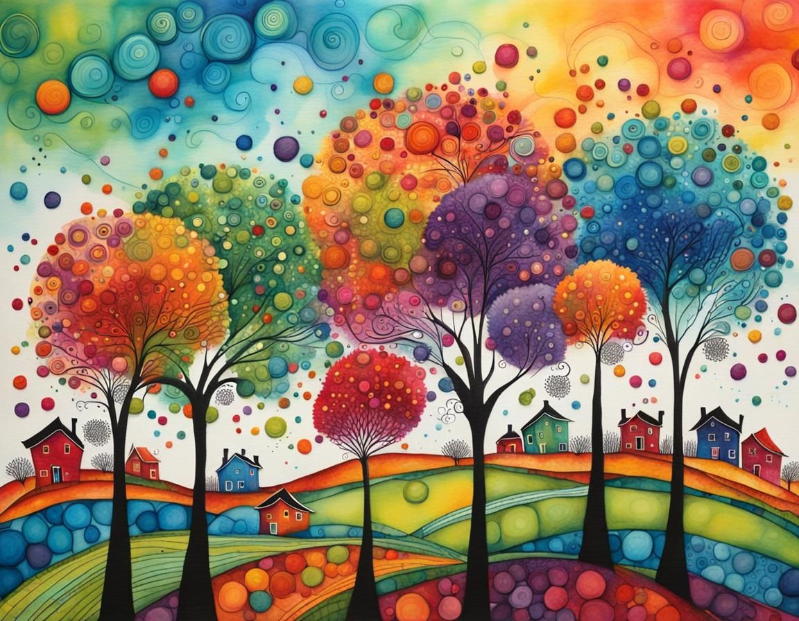 Whimsical Village with Lollipop Trees in Impasto Style