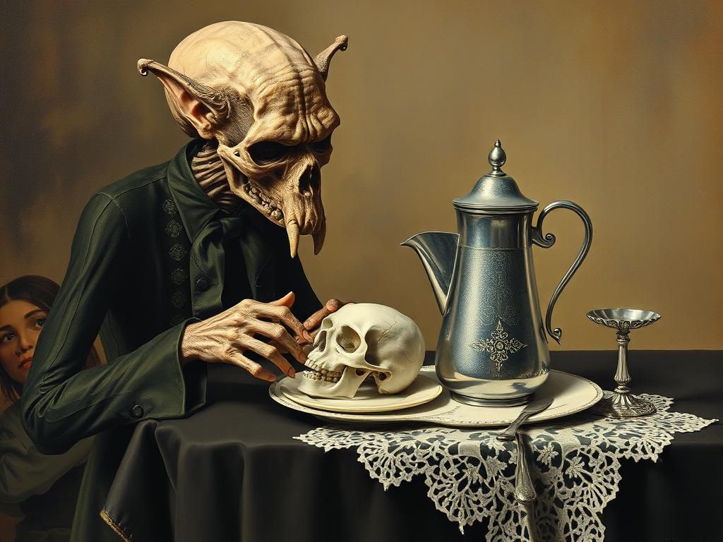 Surreal Breakfast with Eldritch Reflection, Oil Painting