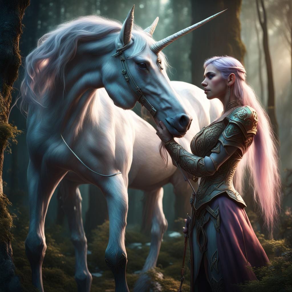 Elf and Unicorn in Forest Fantasy Concept Art