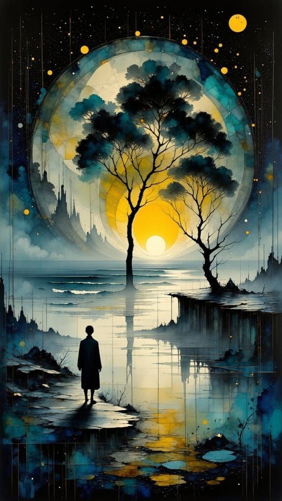 Abstract Tree with Vibrant Foliage in Ink Painting Style