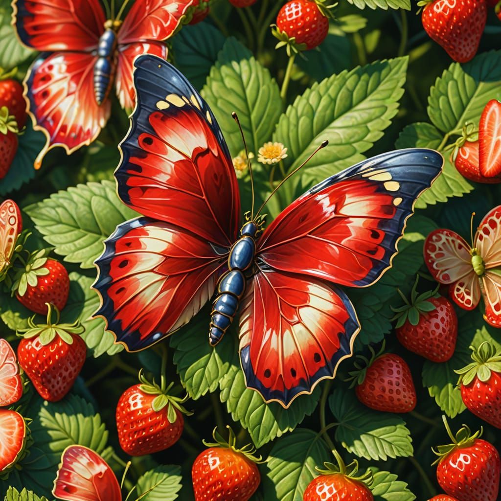 Strawberry Butterfly: Hyperrealistic Digital Art in Garden