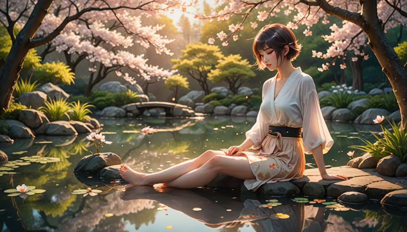 Anime Woman by Koi Pond in Japanese Watercolor Style
