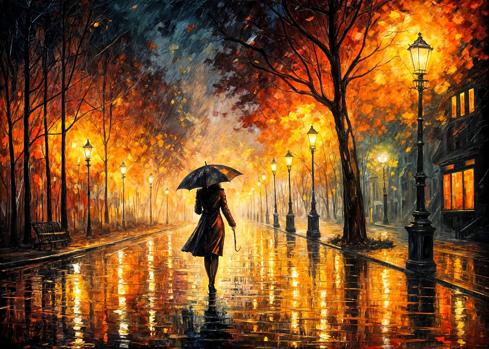 Rainy City Street at Night in Impasto Style