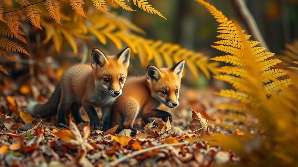 Cute Fox Cubs Play in Autumn Forest Clearing