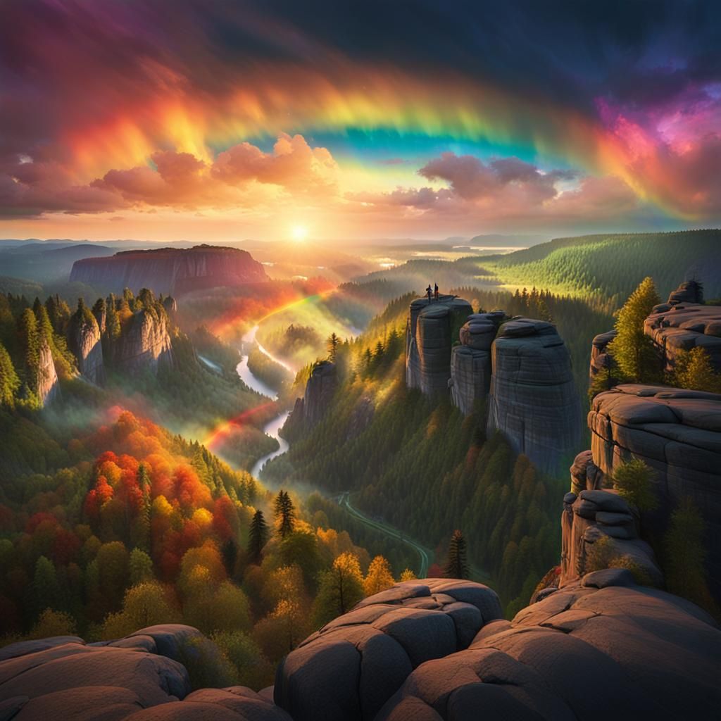 Rainbow and Aurora in Saxon Switzerland Landscape