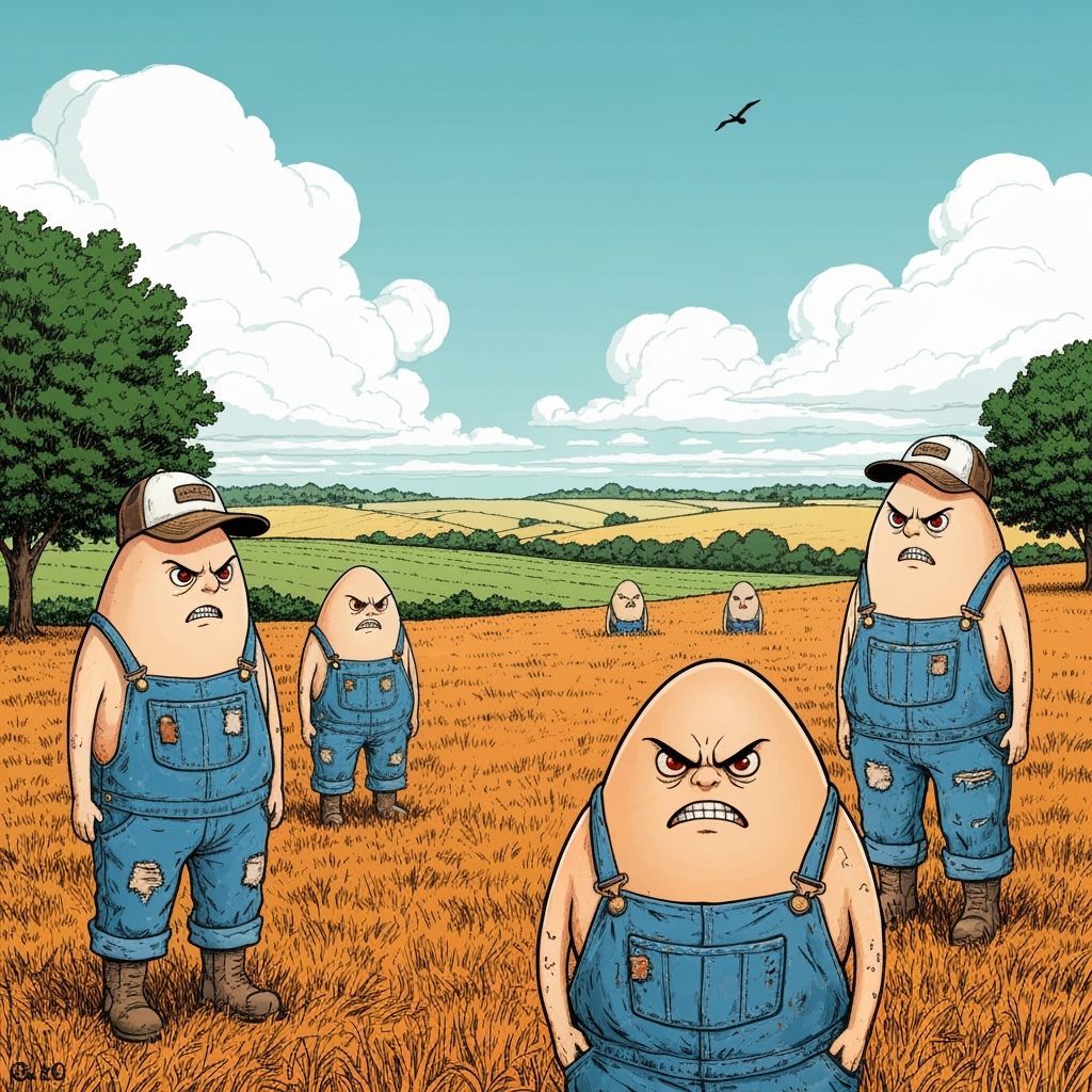 Angry Eggs in Rural Landscape, Satirical Illustration