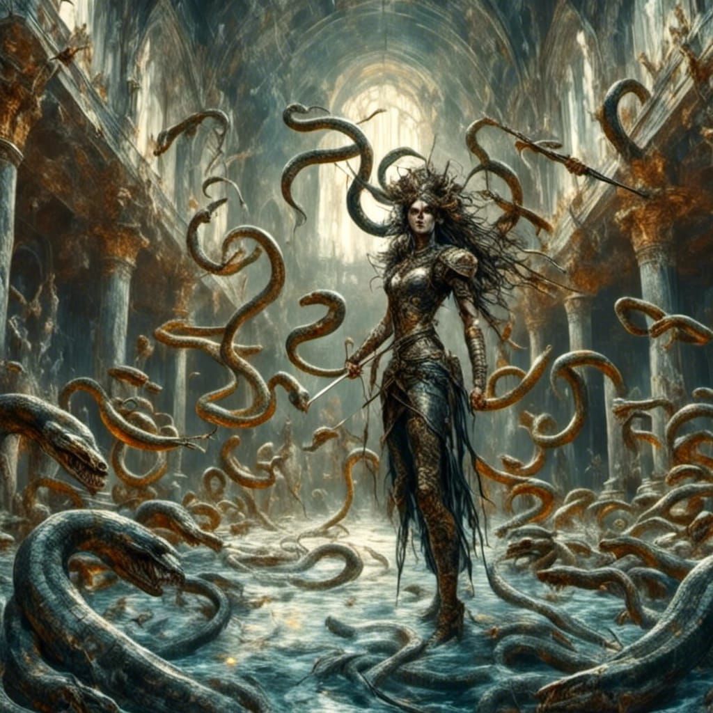 Gorgon Archer in Cathedral, Surreal Comic Style