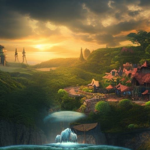 Fantasy Village Sunset with Distant Castle