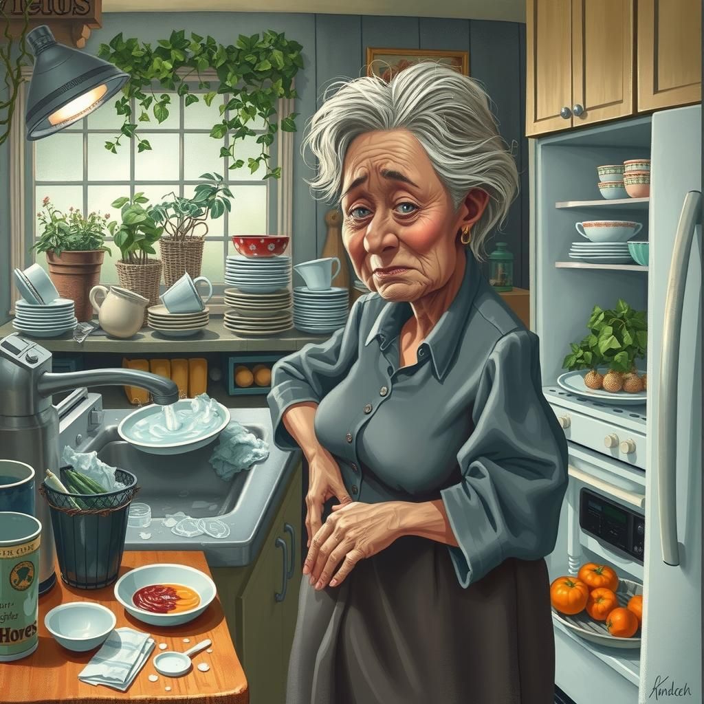 Overwhelmed Woman in Midwest Kitchen, Magic Realism Style