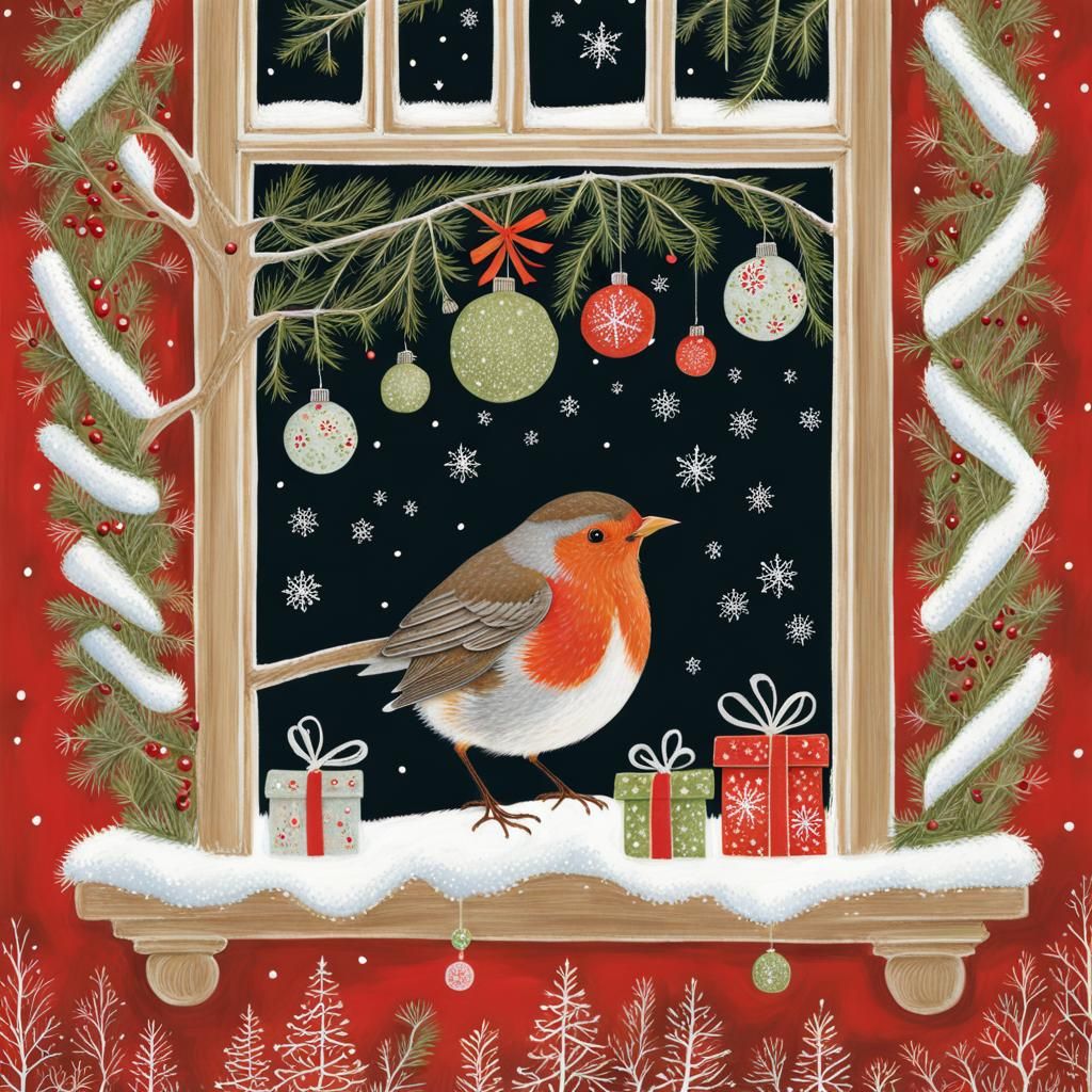 Robin in Christmas Window, Intricate Illustration