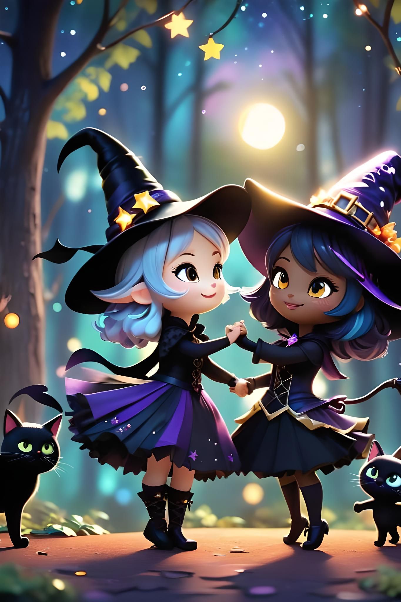 Chibi Witch Girl Dancing with Black Cat in 3D