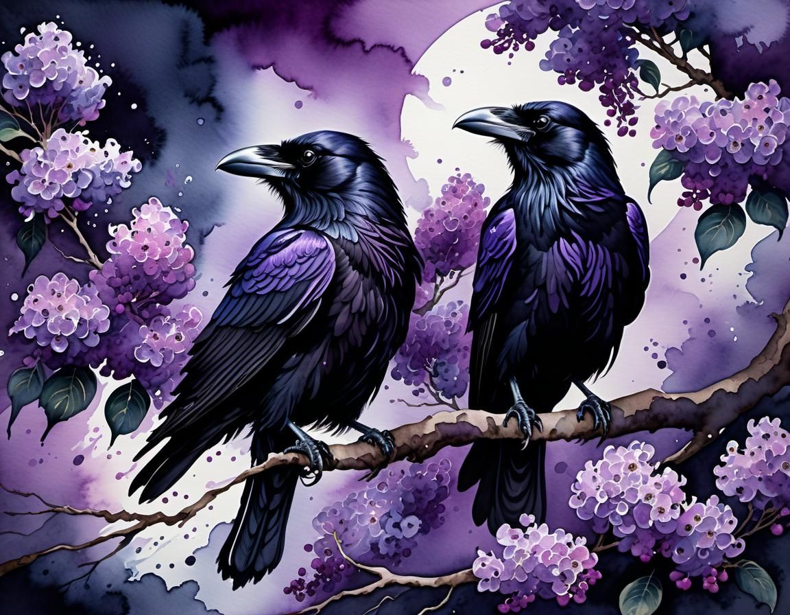 Ravens in Lilac Tree: Moody Watercolor Painting