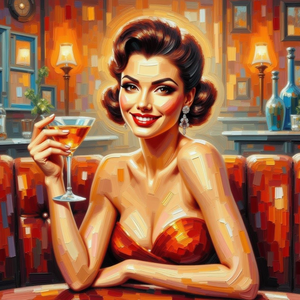 Elegant Woman with Martini in Impasto Style