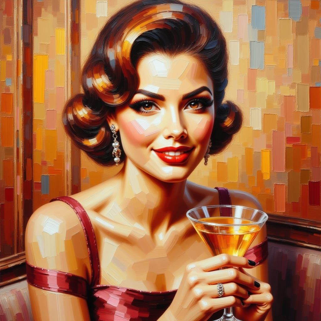 1950s Woman with Martini as Impasto Painting