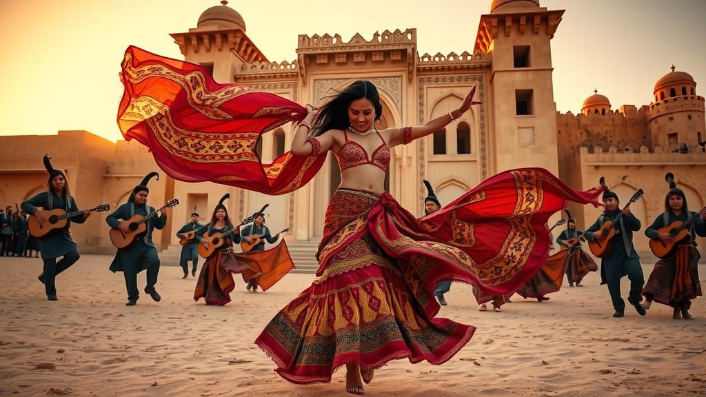 Majestic North African Belly Dancer in Front of Ancient Pala...