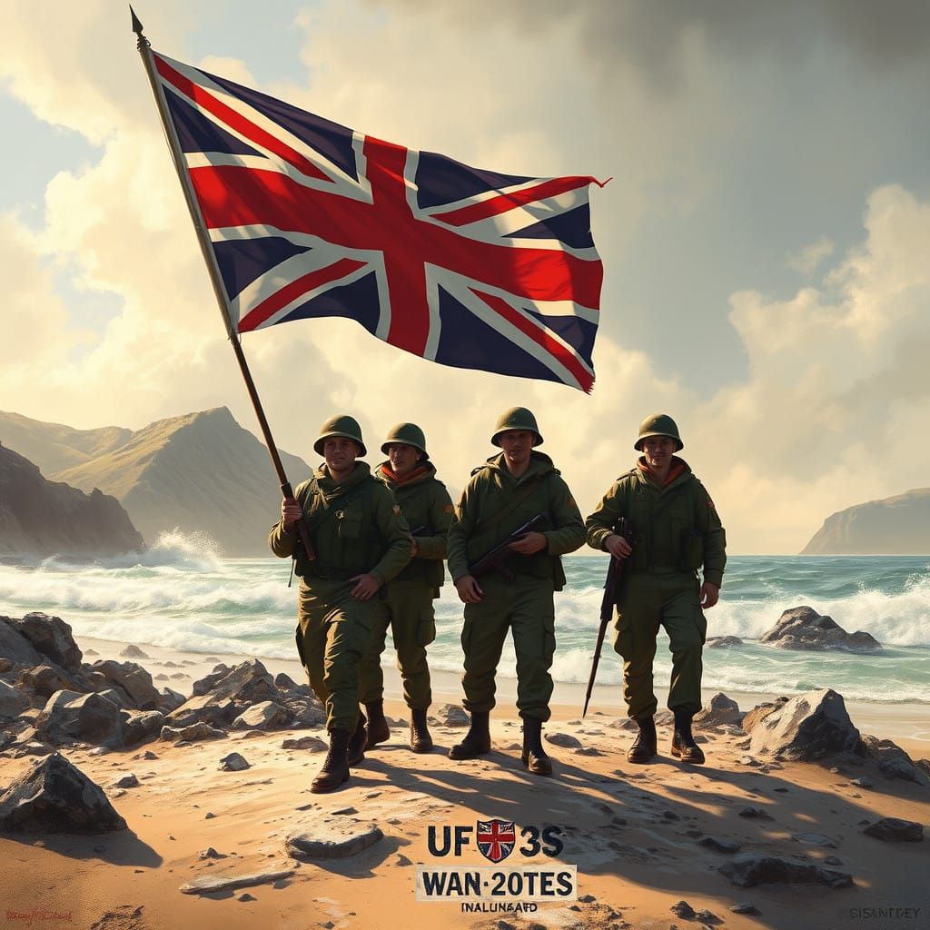British Heroes on Falkland Islands Beach, Golden Hues and Un...