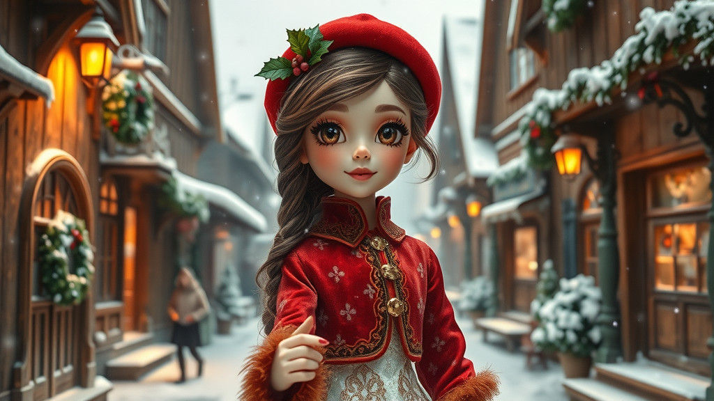 Mechanical Doll in Winter Village, Kawaii Chibi Art