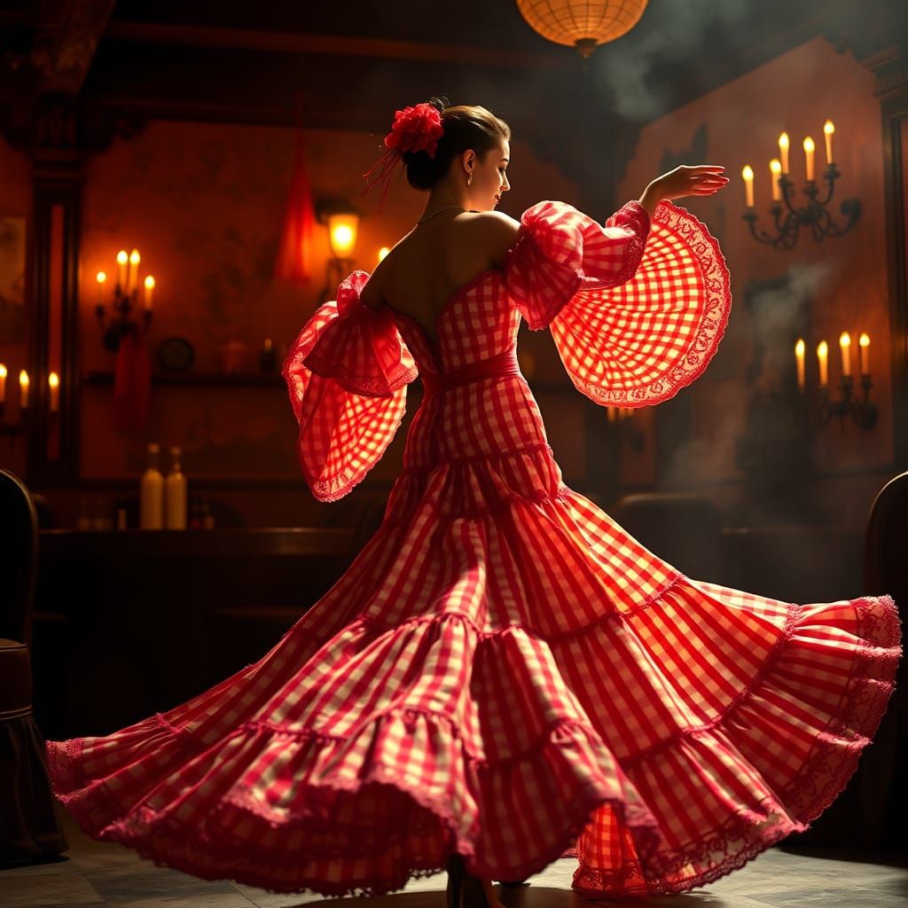 Surrealist Vision of Divine in Gingham Flamenco Gown